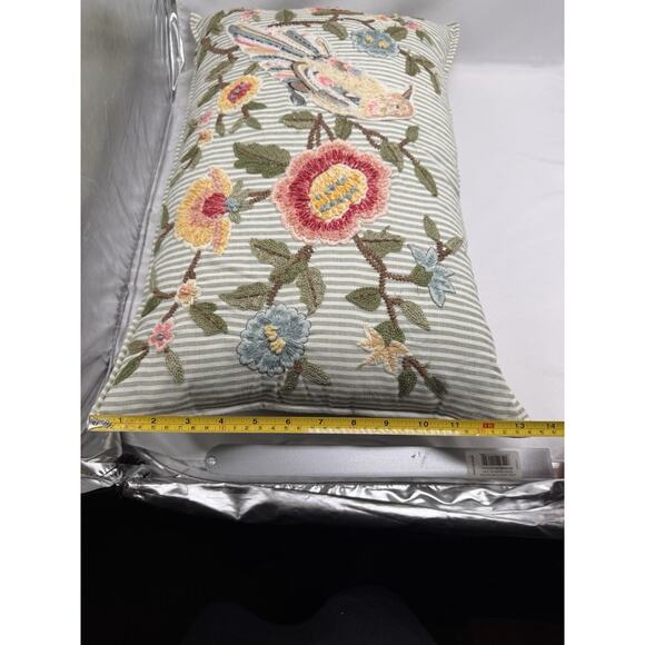 Rectangle Embroidered throw pillow beading striped floral Bird 14 X 22 Cottage - Picture 5 of 10